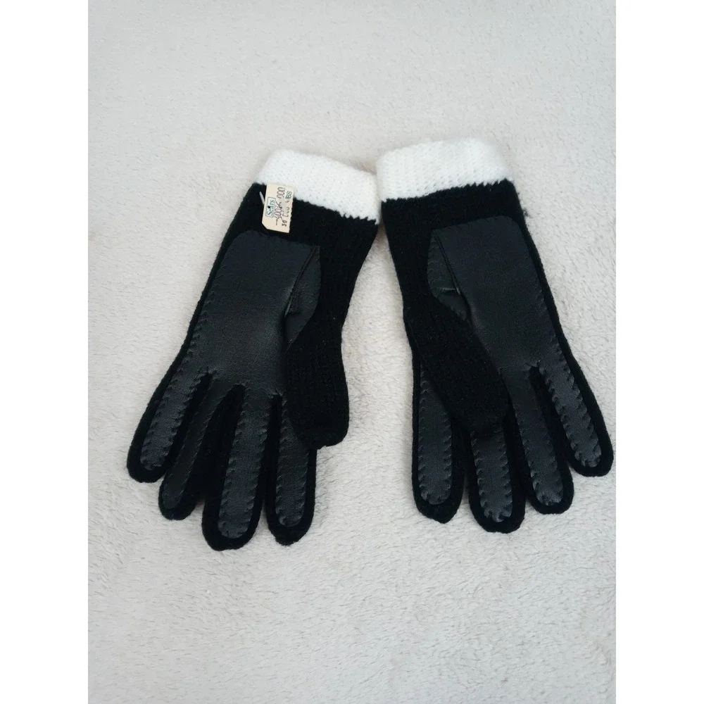Vintage Sears Gloves Black Knit White Cuff Traffic Light Buttons Mod 60s‎ NOS